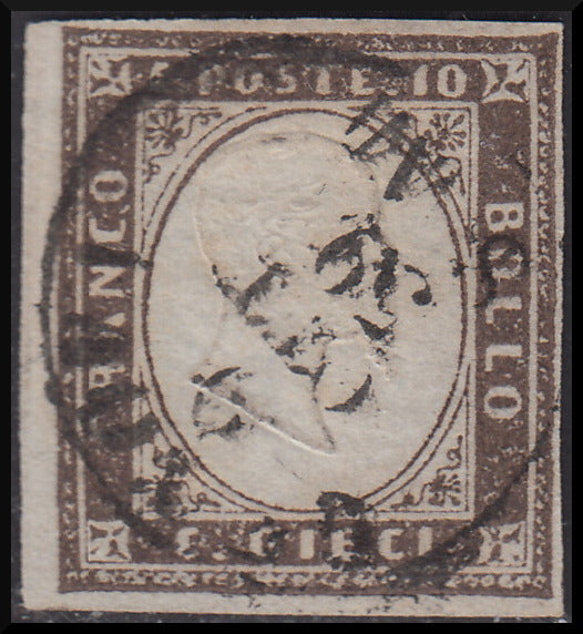 1859 - Sardegna IV emissione c. 10 bruno violaceo I tavola usato (14Ab)