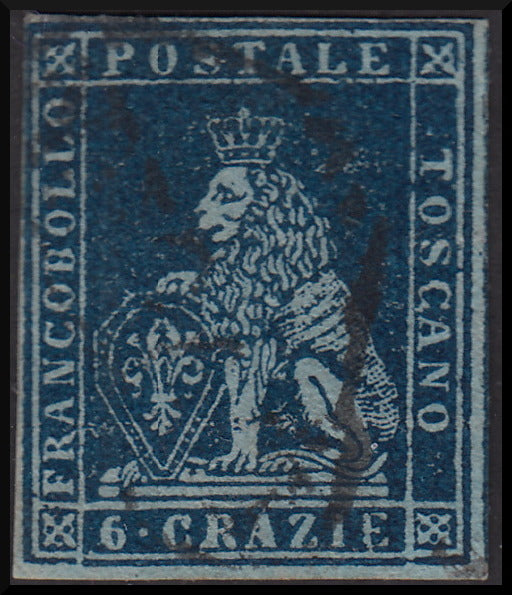 PPP714 - 1851 Leone di Marzocco, 6 dark blue crazie on light blue paper and crown watermark, used (7c)