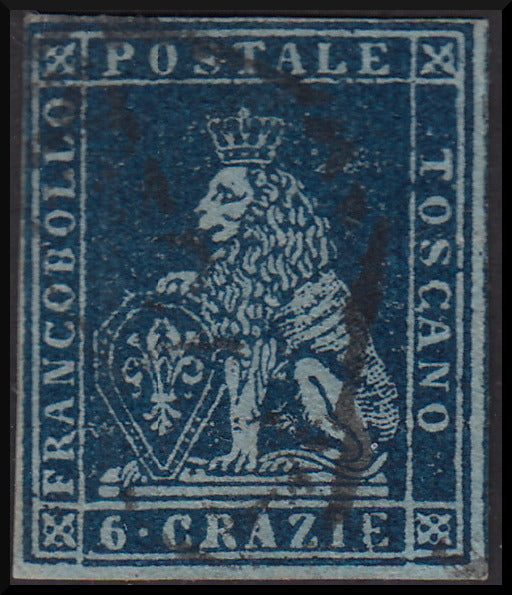 PPP714 - 1851 Leone di Marzocco, 6 crazie azzurro scuro su carta azzurra e filigrana corona, usato (7c)