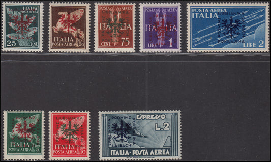 Airmail of the Kingdom of Italy overprinted in German and Slovenian and imperial eagle, new complete set (1/8)