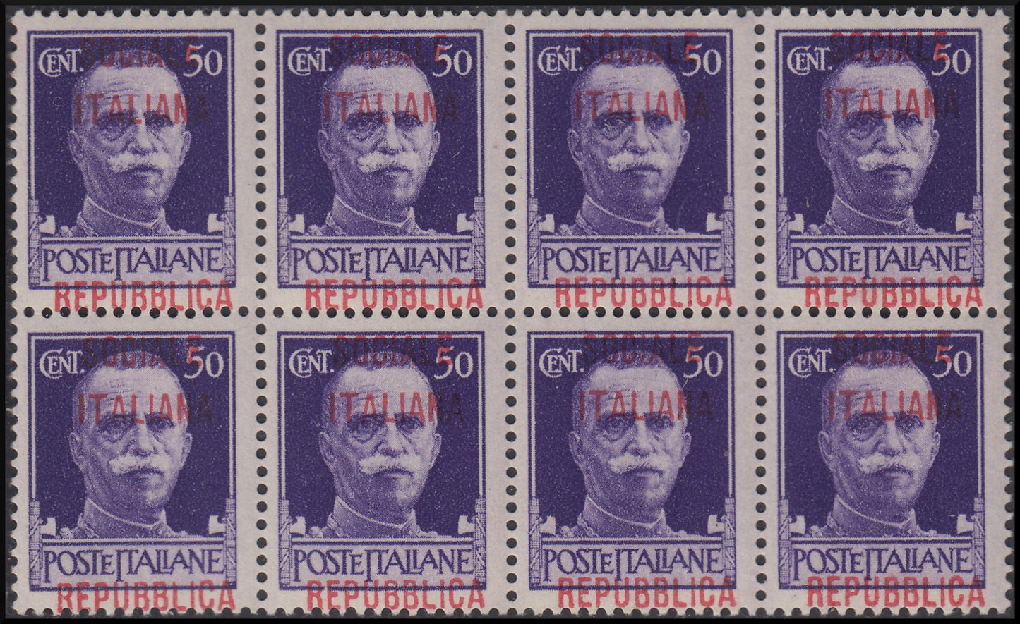 RSE c. 50 bloques violetas de 8 ejemplares con sobreimpresión rojo-naranja desplazados fuertemente hacia arriba (493Ep)