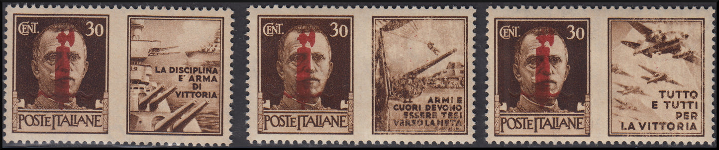 R.S.I. Propaganda di Guerra, tre valori nuovi con soprastampa rosso bruno invece che rossa (29/31D)