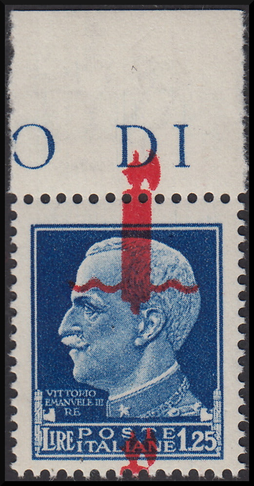 R.S.I. L.1,25 azzurro con soprastampa fascio rossa a cavallo (fortemente spostata in alto), nuovo integro (495phc)