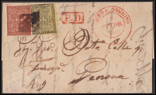 I issue c. 5 yellow + II issue c. 25 brown red on letter from Borgo San Donnino to Genoa 7/10/56 (1+8)