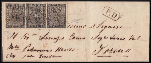 I issue c. 10 white strip of three copies of which the first with two large frets on letter PARMA-Turin 6/3/55 (2b+2+2)