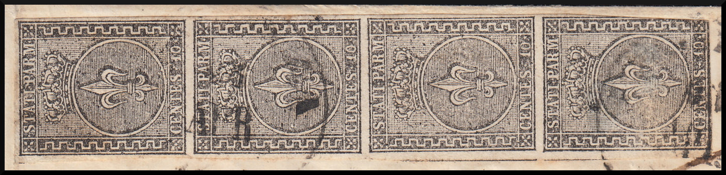 I issue c. 10 white strip of four copies of which the second with large Greek on letter PARMA-Florence 21/4/56 (2+2a+2+2)