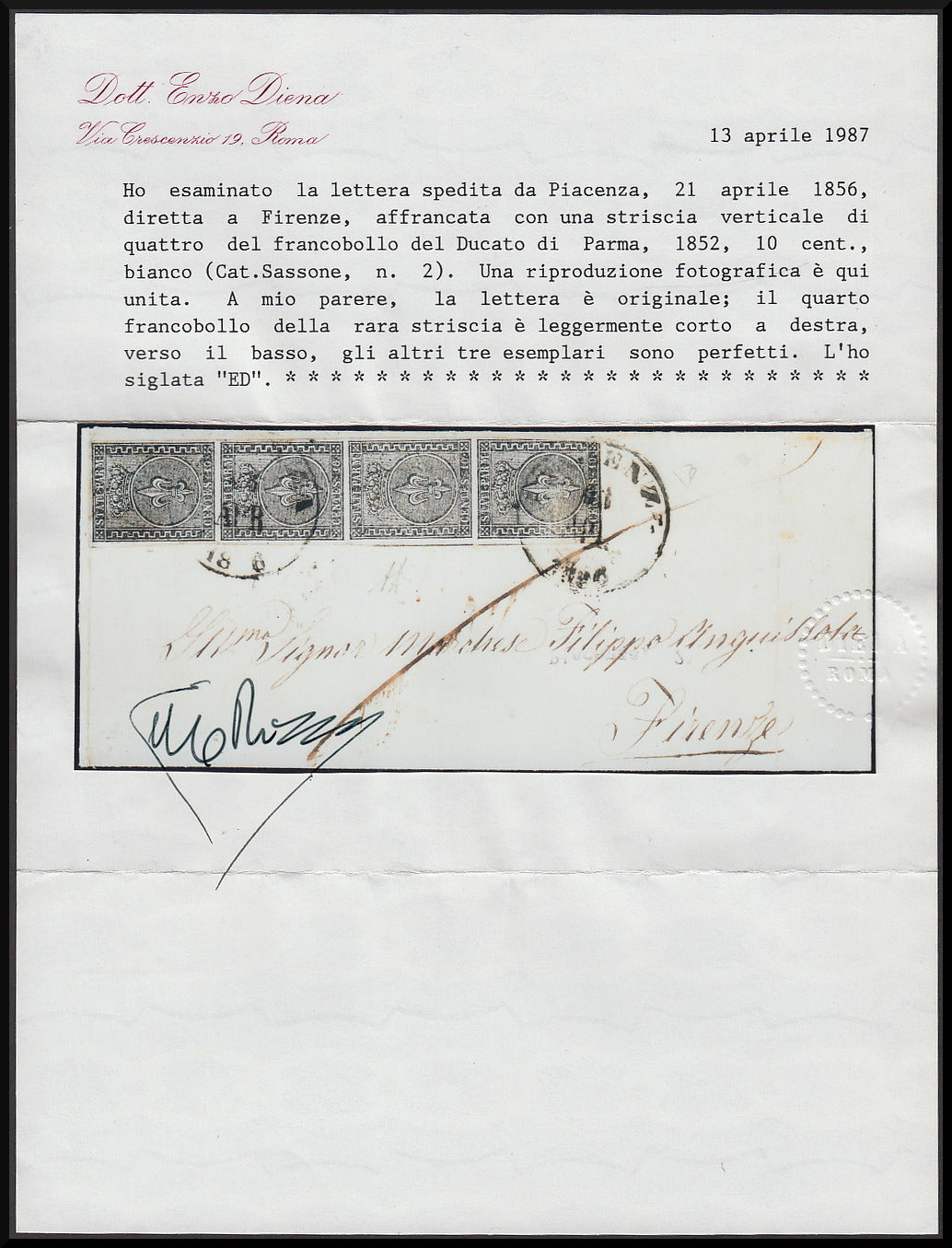 I issue c. 10 white strip of four copies of which the second with large Greek on letter PARMA-Florence 21/4/56 (2+2a+2+2)