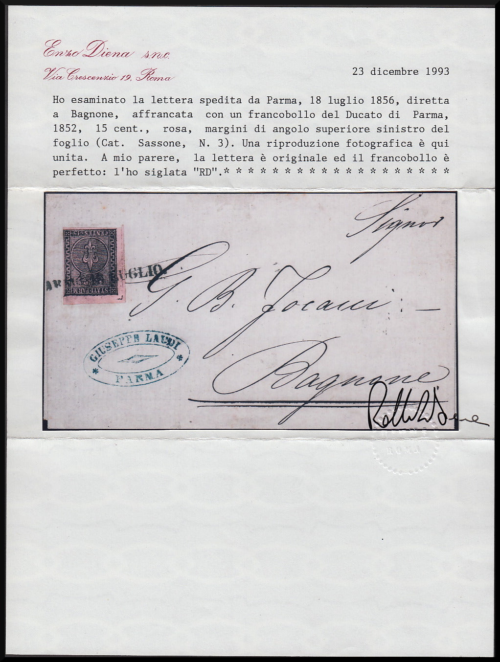 I emissione c. 15 rosa isolato su lettera da PARMA per Bagnone 18/7/56 (3).