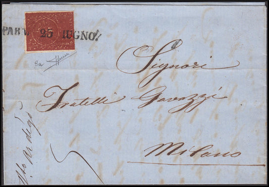 II issue c. 25 dark red brown isolated on letter from PARMA to Milan (8a).