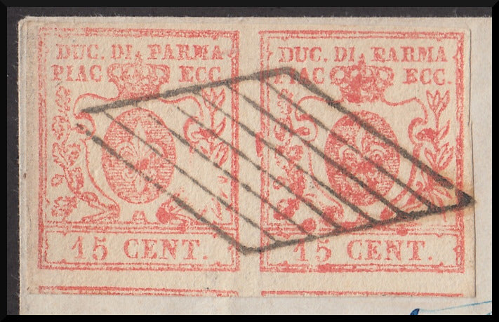 III issue c. 15 vermilion horizontal pair on letter PARMA-Turin 17/3/59 (9)