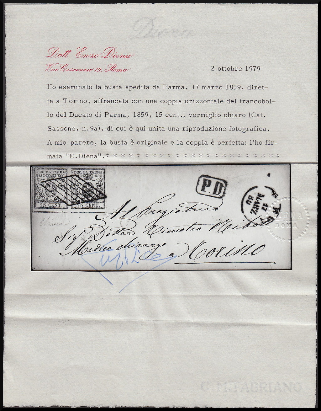 III issue c. 15 vermilion horizontal pair on letter PARMA-Turin 17/3/59 (9)