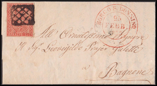 II issue c. 15 vermilion isolated on letter from BORGO S. DONNINO to Bagnone 25/2/55 (7).