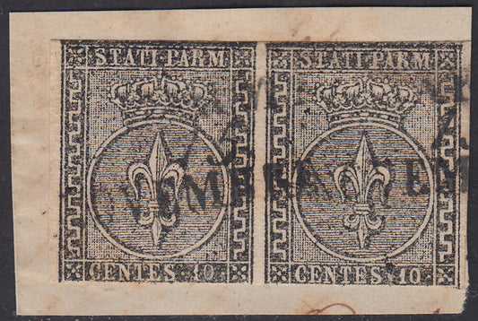 1852 - 1st issue c. 10 white horizontal pair used on fragment (2) 