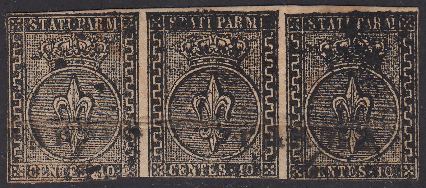 1852 - 1st issue c. 10 white horizontal strip of three used (2) 