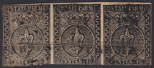 1852 - 1er número c. 10 franja horizontal blanca de tres usadas (2) 