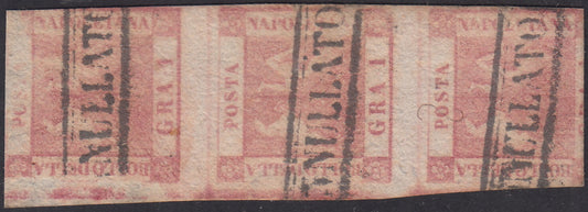 1858 - 1 carmine grain II table vertical strip of three used copies (4).