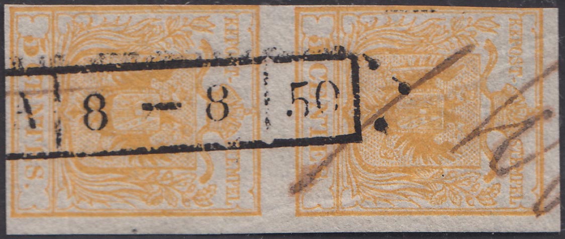 1850 - Lombardo Veneto, 1st issue c. 5 lemon yellow 1st edition used vertical pair (1c)