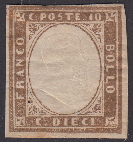 1860 - Sardegna IV emissione c. 10 bruno lillaceo I tavola tiratura 1859 nuovo con gomma (14Ba)