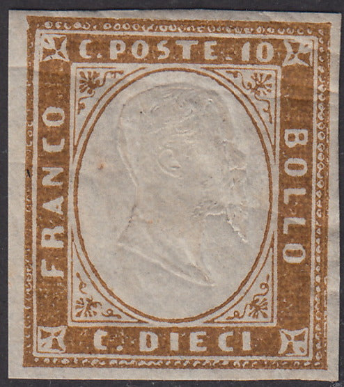 1861 - Sardegna IV emissione c. 10 bruno olivastro II tavola tiratura 1861 nuovo con gomma (14Cl)