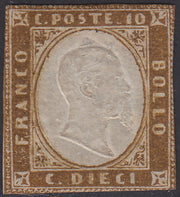 1862 - Sardegna IV emissione c.10 bistro oliva scuro II tavola tiratura 1862 nuovo con gomma (14Da)