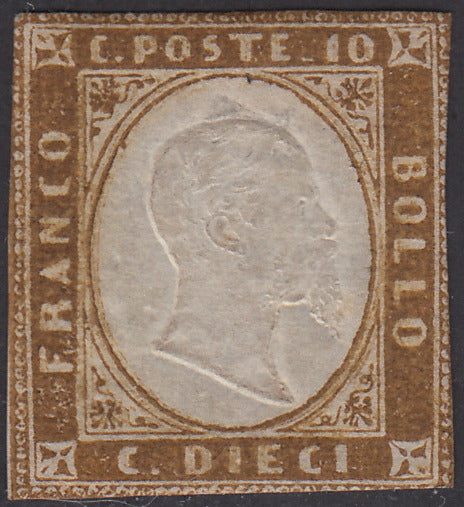 1862 - Sardegna IV emissione c.10 bistro oliva scuro II tavola tiratura 1862 nuovo con gomma (14Da)