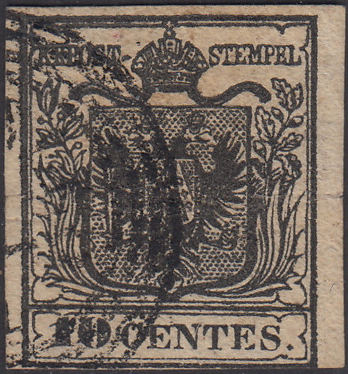 1850 - Lombardo Veneto I emissione, c. 10 nero carta a mano usato con varietà decalco (2f)