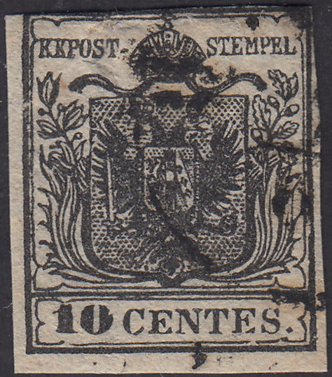 1850 - Lombardo Veneto I issue, c. 10 black handmade paper used with decal variety (2f)
