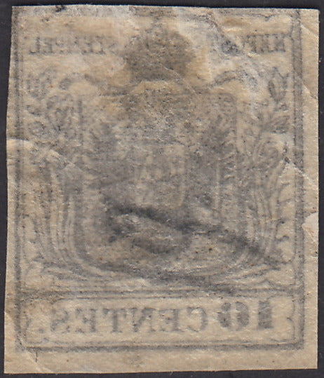 1850 - Lombardo Veneto I emissione, c. 10 nero carta a mano usato con varietà decalco (2f)