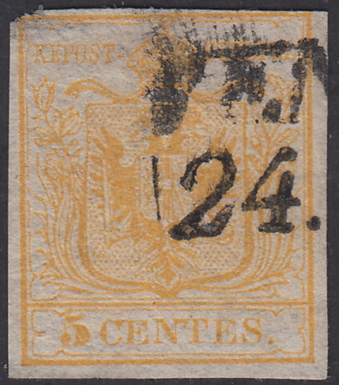 1850 - Lombardo Veneto I issue, c. 5 yellow first edition handmade paper used (1st)