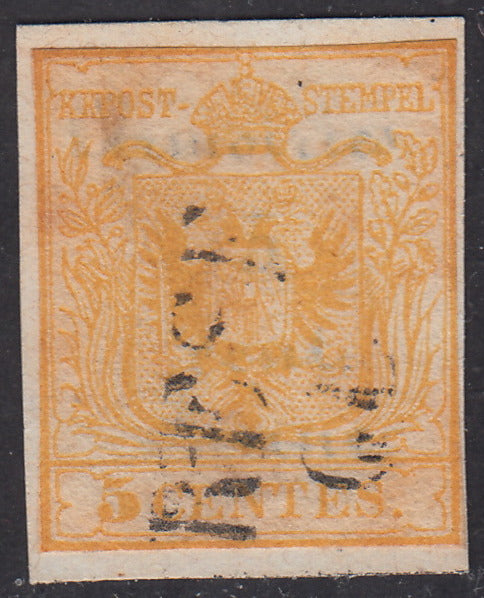 1850 - Lombardo Veneto I emissione, c. 5 giallo arancio prima tiratura carta a mano usato (1d)