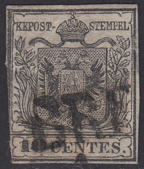 1850 - Lombardo Veneto I emissione, c. 10 grigio nero prima tiratura carta a mano usato (2b)