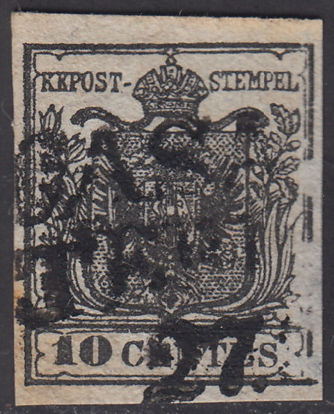 1850 - Lombardo Veneto I emissione, c. 10 nero intenso carta a mano usato (2d)