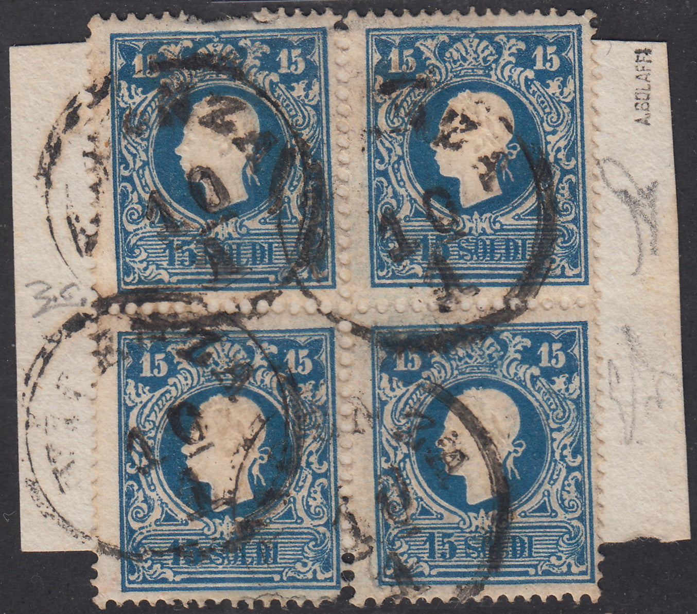 1858 - Lombardo Veneto, II issue s.15 light blue, block of four used (27)