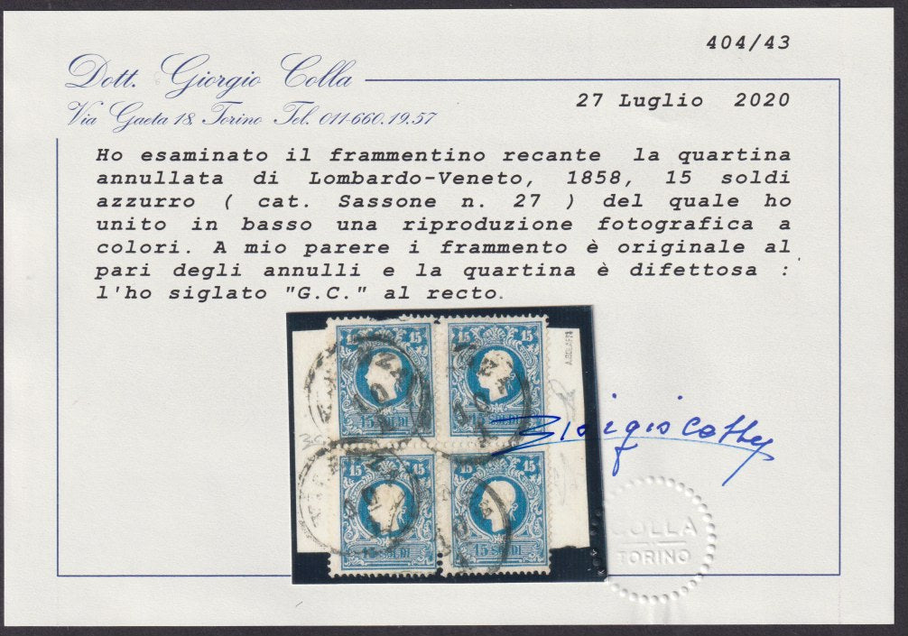 1858 - Lombardo Veneto, II issue s.15 light blue, block of four used (27)