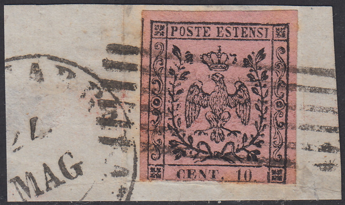 1852 - Ducato di Modena emissione con punto dopo la cifra, c. 10 rosa vivo usato su frammento (9a)