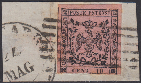 1852 - Edición del Ducado de Módena con un punto después de la figura, c. 10 rosa brillante usado en el fragmento (9a)