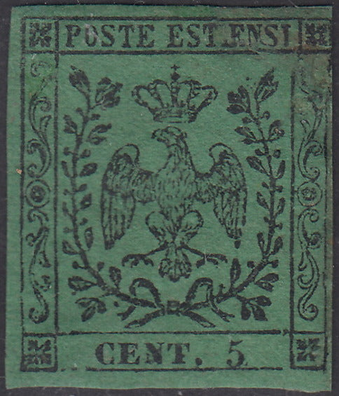 1852 - Ducato di Modena emissione senza punto dopo la cifra, c. 5 verde nuovo con gomma (1)