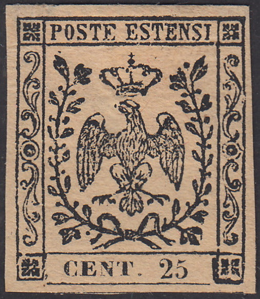 1852 - Ducato di Modena emissione senza punto dopo la cifra, c. 25 camoscio chiarissimo rosaceo nuovo gomma (4b)