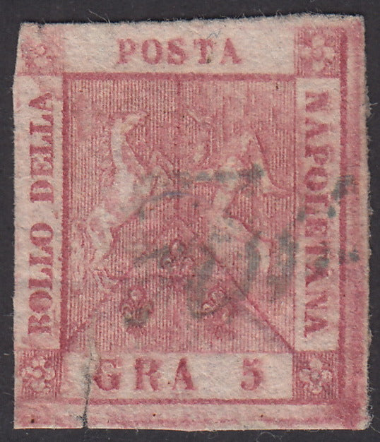 1858 - Reino de Nápoles 5 placa de grano II de carmín rosa usada con cancelación original (9)