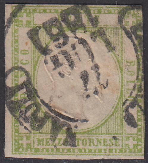 1861 - Effigie di Vittorio Emanuele II, 1/2 tornese verde giallo chiaro usato "Partenza da Napoli" 17/7/61 (17a)
