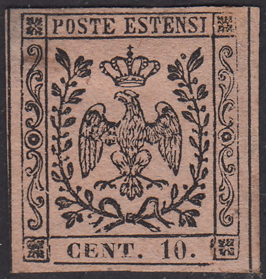 1852 - Ducato di Modena emissione con punto dopo la cifra, c. 10 rosa nuovo gomma originale (9)