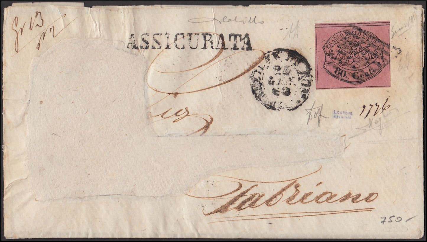 Stato Pontificio, lettera spedita da ROMA per Fabriano 25/1/68 affrancata con c. 80 rosa lillaceo (20)