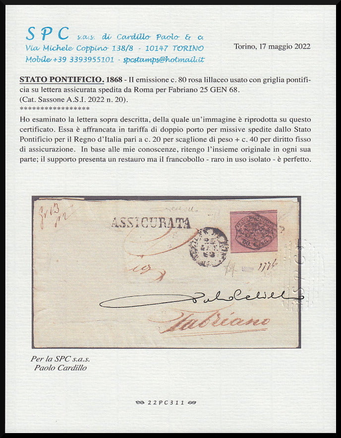 Stato Pontificio, lettera spedita da ROMA per Fabriano 25/1/68 affrancata con c. 80 rosa lillaceo (20)