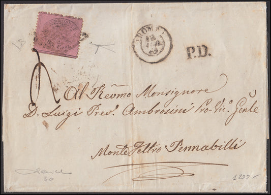 Estado Pontificio, carta enviada desde ROMA a MonteFeltro Pennabilli el 18/8/69 franqueada con c. 80 rosa claro (30) 