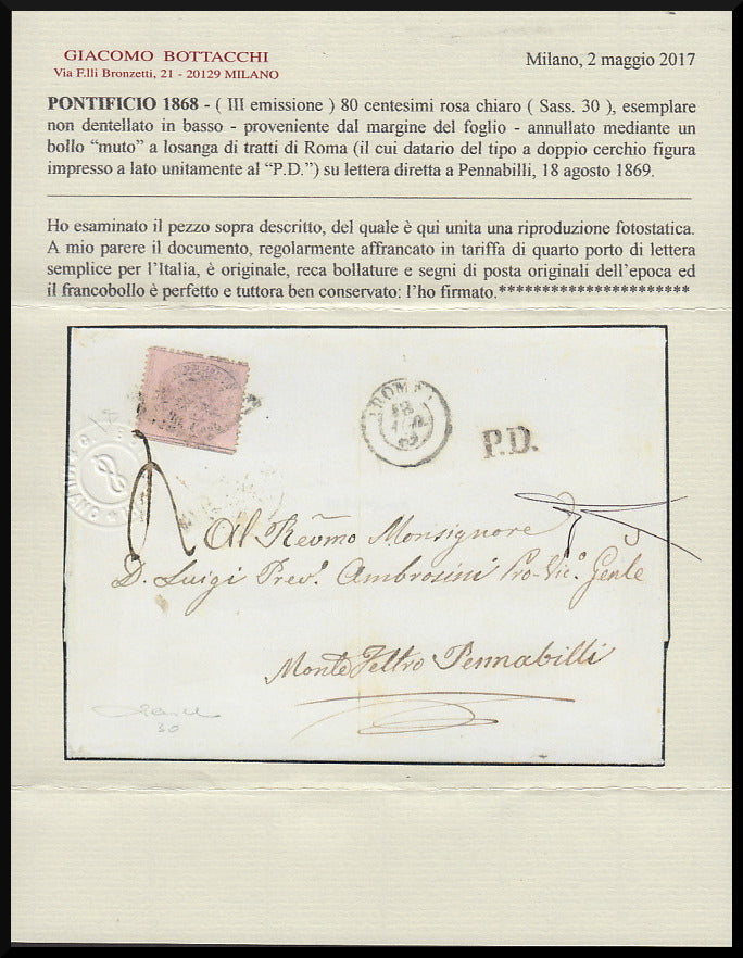Papal State, letter sent from ROME to MonteFeltro Pennabilli 18/8/69 franked with c. 80 light pink (30) 