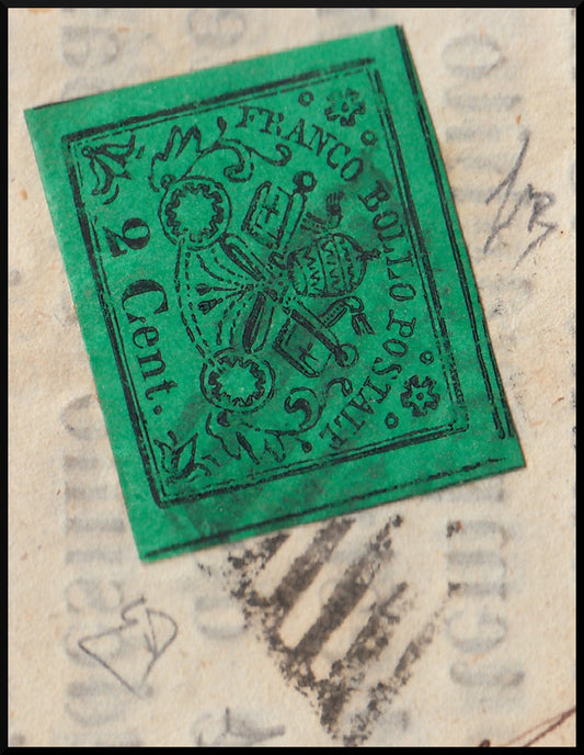 Stato Pontificio, circolare spedita da VITERBO per Bagnaia 31/5/68 affrancata con c.2 verde giallo isolato (13)
