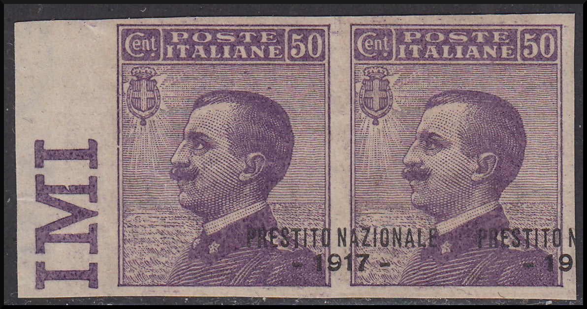 Regno d'Italia, c. 50 violetto tipo Michetti coppia orizzontale non dentellata con soprastampa PRESTITO NAZIONALE spostata a desrra
