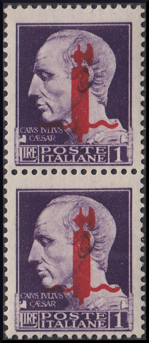 RSI - Overprint essays, L. 1 violet with red overprint type "l" (P20), new intact vertical pair, decal