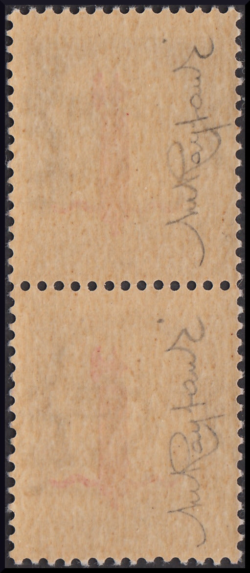 R.S.I. - Saggi di soprastampa, L. 1 violetto con soprastampa rossa tipo "l" (P20) coppia verticale nuova integra, decalco