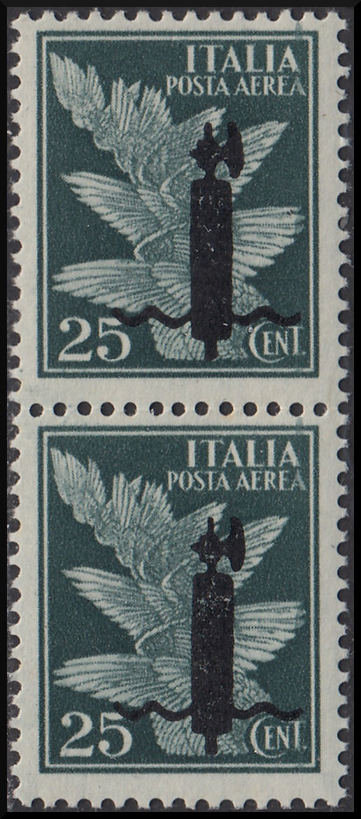RSI - Overprint essays, Air Mail c. 25 dark green vertical pair with black "l" type overprint (P9), new, intact